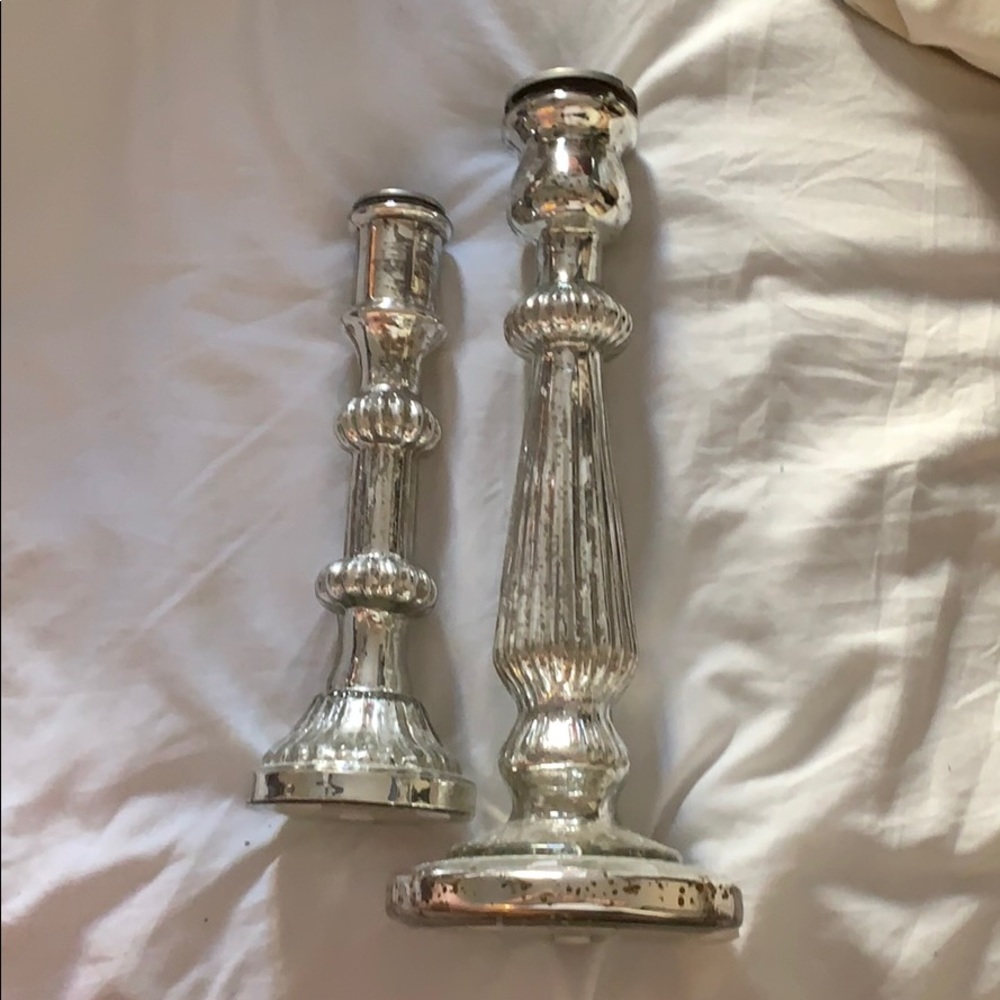 Two silver rustic candlestick holders
